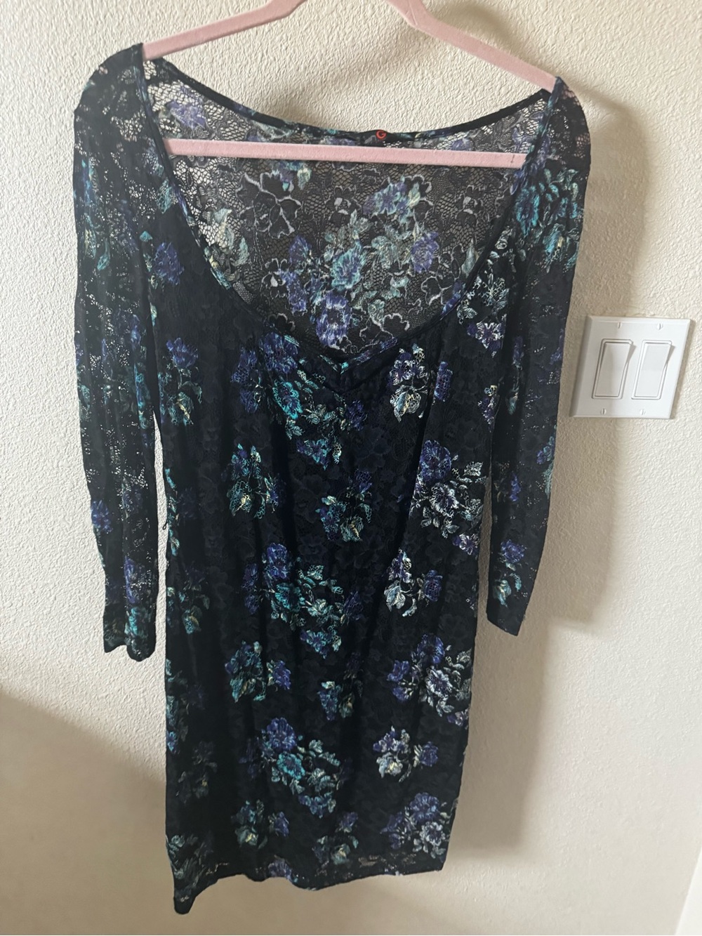 Guess Black Long-Sleeve Lace Dress with Blue & Teal Floral Print